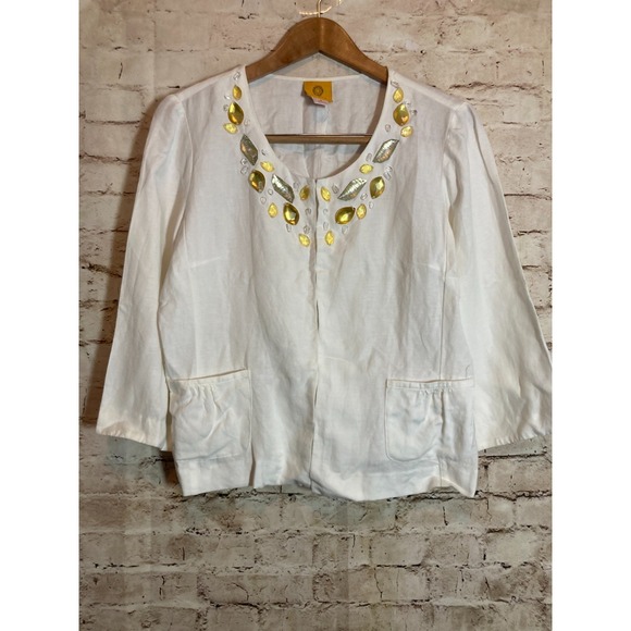Ruby Rd. Lagom Top Womens 8 White Linen Beaded Feminine Romantic Beachy - Picture 1 of 13